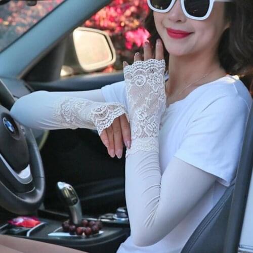 Summer Women UV Sunscreen Lace Ice Silk Thin Long Sleeve Elastic Touch Screen Driving Glove Half Finger Sport Cycling Mitten M56