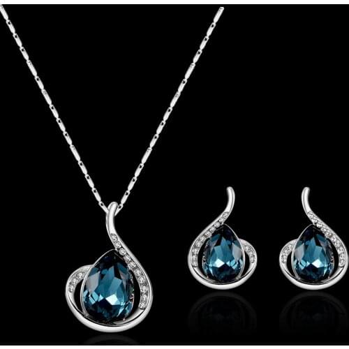 Luxury 3PCS Silver Wedding Jewelry Set For Women Oval Rhinestone Sapphire Gemstone Earrings Pendant Necklace Promise Party Gift