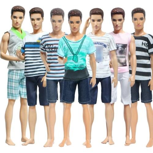Fashion Mens Doll Outfit for Barbie Doll Friend Ken Stripe T-Shirt Short Pants Summer Beach Daily Wear Clothes Accessories Toy