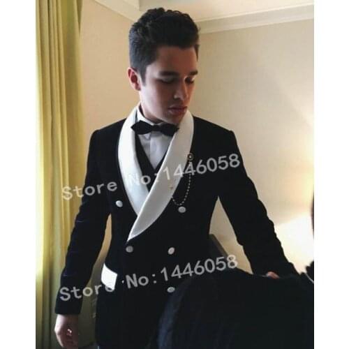2019 Groomsmen White Shawl Lapel Black Velvet Suit Men Double Breasted Groom 3 Piece Tuxedo Men Wedding/Party Suits Anzug Herren