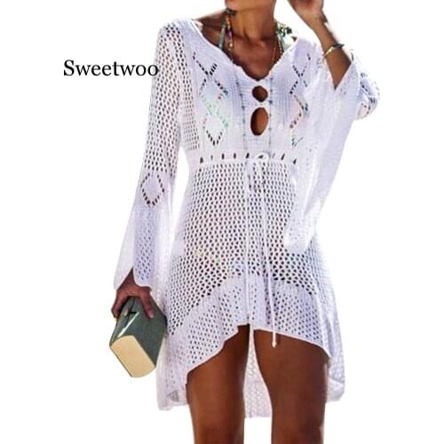 2020 Beach Cover Up Crochet Knitted Tassel Tie Beachwear Tunic Long Summer Swimsuit Cover Up Sexy See-through Beach Dress