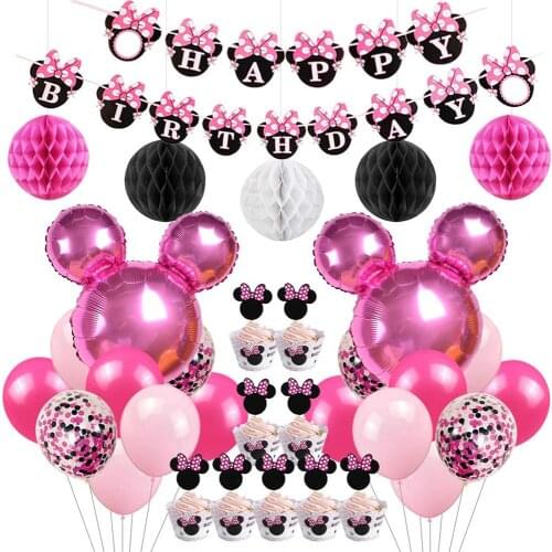 Minnie Themed Birthday Party Supplies Balloons decor Kids 1 year old Girls favor Mickey Mouse Themed Birthday Party Supplies set