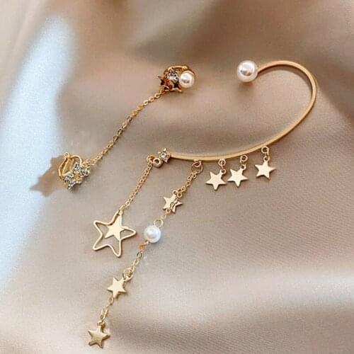 New Fashion Dainty Five-pointed star Charm With Long Chain Asymmetrical star ear clip Earrings For Women Jewelry