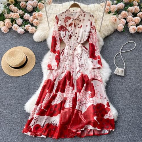 SINGREINY Women French Print Dress Elegant Bow Collar Long Sleeve A-line Party Dress Autumn Bohemian Casual Vacation Long Dress