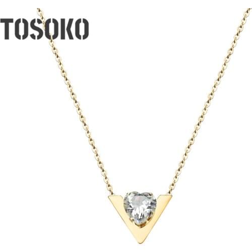 TOSOKO Stainless Steel V-Shaped Peach Heart Zircon Pendant Necklace Simple And Sweet Clavicle Chain BSP203