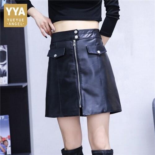 Spring High Waist Sheepskin A-Line Skirts Office Lady Solid Genuine Leather Buttons Pockets Zippers Decoration Women Wrap Skirts