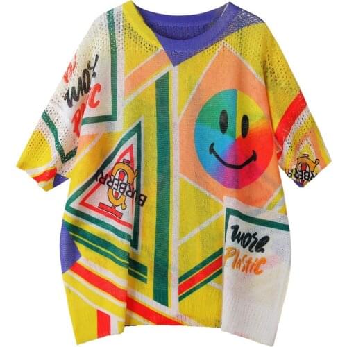 Multicolor Kawaii Cartoon Japanese Cute Summer Clothes Knitted Sweater Harajuku Women Clothing Tops Nice Yellow Shirt Oversized