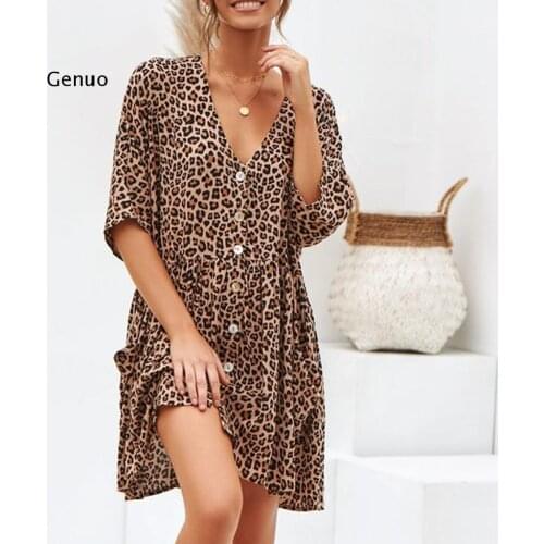 Womens Leopard Splice Printed Harajuku Dresses Bohemia Button Sexy A-line Dress Office Lady Ladies Cardigan Vintage Dresses