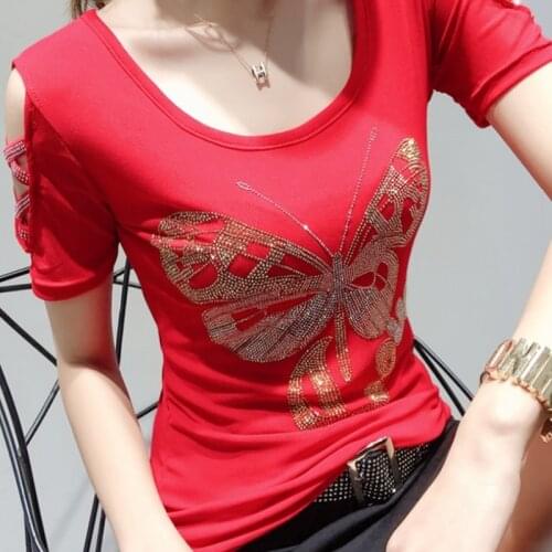 Butterfly diamond Camisetas Mujer 2021 Summer Tshirt Women Off Shoulder Lady T Shirt Womens T-Shirts Woman top Vetement Femme