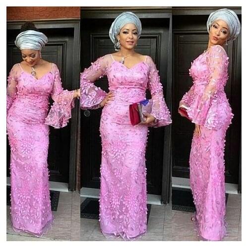 Aso Ebi Sytle Pink Handmade Florals Sheath Long Sleeves Sweetheart Floor Length Formal Special Pageant Event Women Gowns