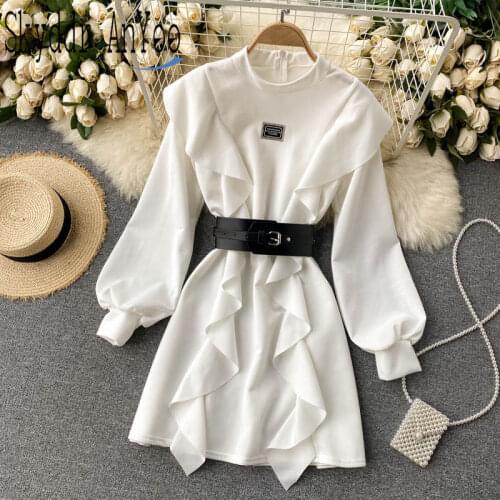 Fashion 2021 New Hit Woman Party Dress Long Sleeve Winter Ruffles Elegant Femme Robe With Belt Slim A-Line Women Casual Dresses