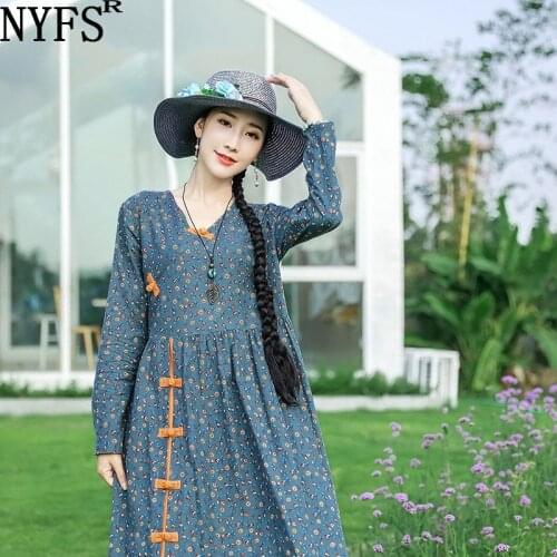 NYFS 2021 New Spring Autumn Vintage Loose Woman Dress Vestido de mulher Robe Small floral Long Dress
