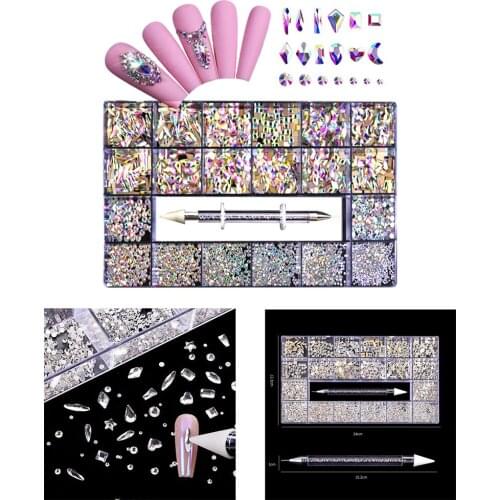 1 Box 21 Grids 3D Nail Art Rhinestones Crystal Glitters Gems Beads w/Wax Pen Red/AB Color Nail Rhinestones Nail Art Decoration