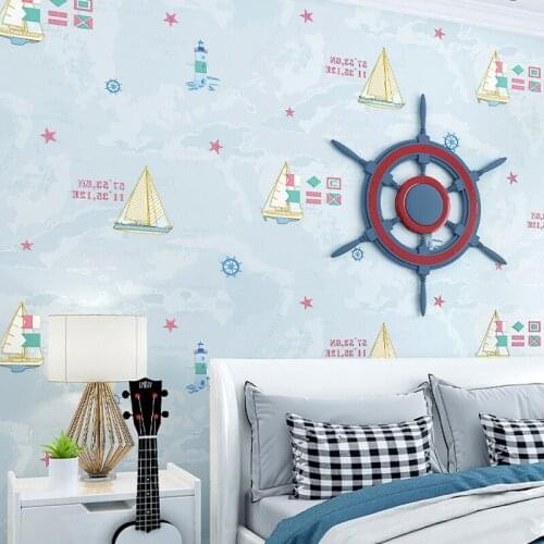 3d Wallpapers Boys Bedroom Cartoon Sailboat Lighthouse Wall Decor Art Papier Peint Mural Kids Room Blue Wallpaper Roll J229