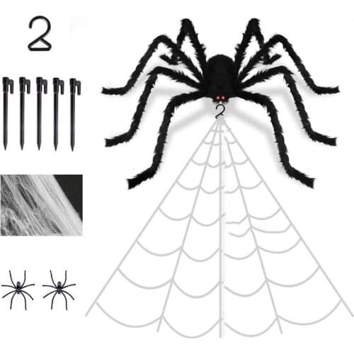 49 inch Horror Giant Black Spiders with Giant Cobweb Halloween Party Decoration Props Haunted House Decor Outdoor Fake Spider