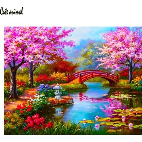 Diamond Embroidery Cherry Blossom Park Scenery 5D Diamond Painting Diy Diamond Mosaic Needlework Garden Home Decoration Gift