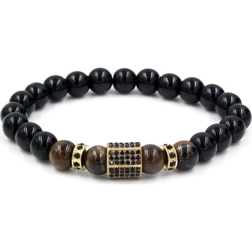 Matte Gem and Tigers Eye Stitched Zircon Handmade Jewelry Bead Bracelet Elastic Mens Bracelet Handsome Boys Birthday Present