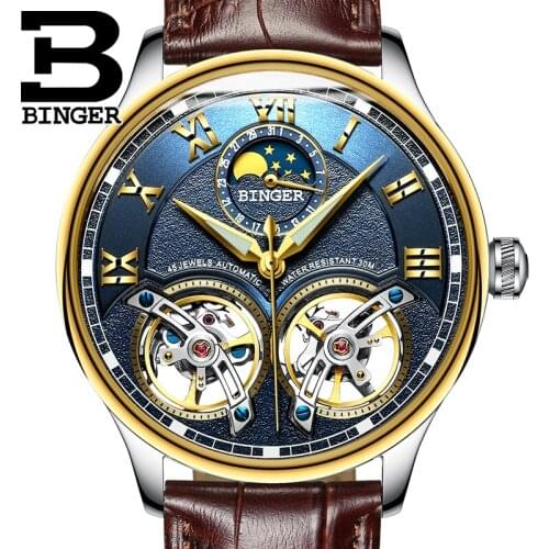 2018 New Mechanical Men Watches Binger Luxury Brand Skeleton Wrist Sapphire Double Tourbillon Watch Men Clock Male reloj hombre