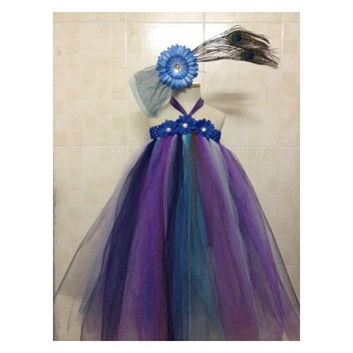 Little Girls Peacock Long Tutu Dress Kids Ball Gown Party Tutus with Feather Headband Children Costume Fluffy Tutus Dress