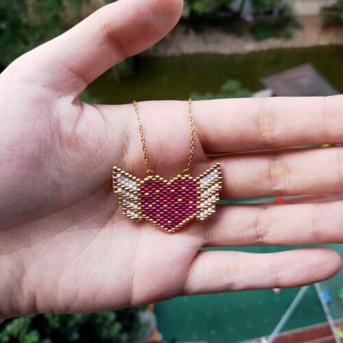 FAIRYWOO Sweet Angel Necklace Delica Miyuki Bead Pendant Heart Necklaces Women Wings Choker Pink Jewelry Accessories Lucky Gifts