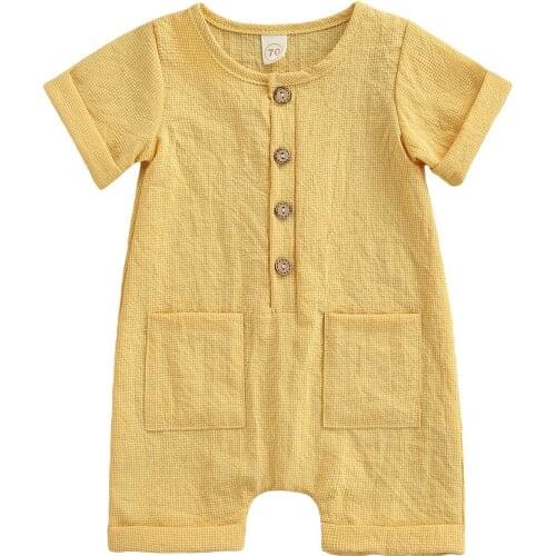 Baby Boys Girls Jumpsuit Infant Summer Yellow Round Collar Short Sleeve Pocket Decoration Chest Button Casual Romper