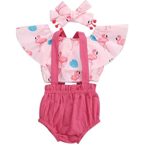 Infant Newborn Baby Girls 3Pcs Set Flamingo Crops Tops Ruffled Shirt +Overall Shorts +Headband Summer Sunsuits