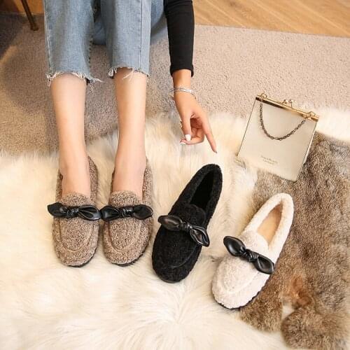 Flats Fur Loafers Women Butterfly-Knot Round Toe Shoes Winter Fleece Slip on Shallow Slides Zapatos De Mujer Black white brown