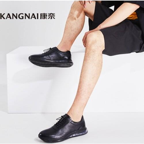 KANGNAI Men Shoes Cow Leather Elastic Band Outdoor Walking Sports Footwear Black Male Business Casual Shoes