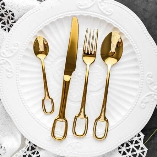 Nordic Stainless Steel Hanging Hole Western Tableware 304 Titanium Plated Steak Knife Spoon Fork Coffee Spoon Tableware Four-pie