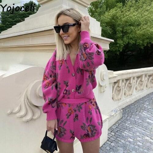 Yojoceli Autumn knitted 2 piece set jumper romper women Button floral sweater romper female Casual short cute fashion playsuit