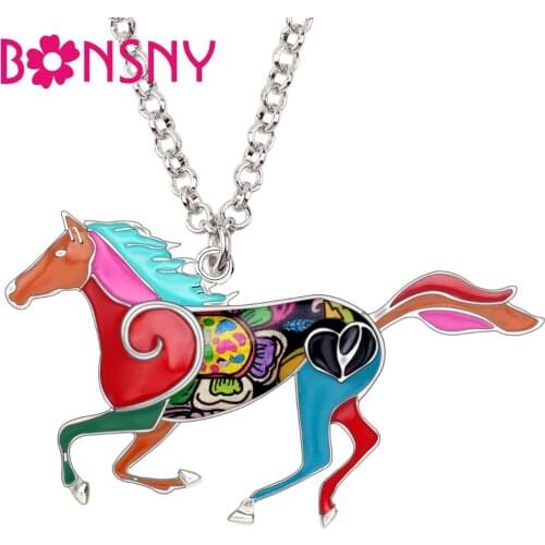 Bonsny Enamel Alloy Jumping Horse Necklace Pendant Chokers Chains Fashion Animal Jewelry For Women Girls Teens Gift Charm Bijoux