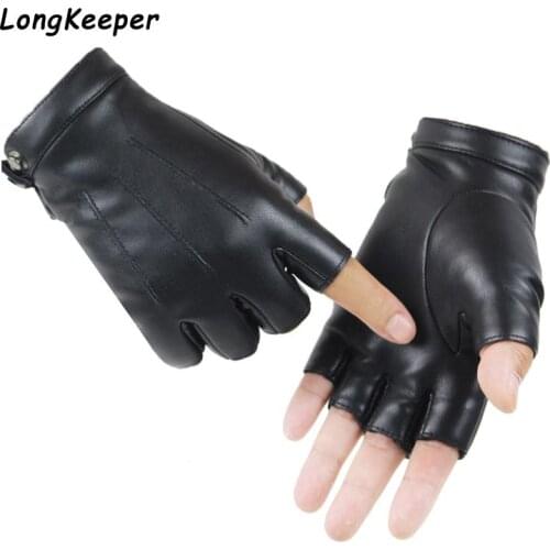 2020 Women Black PU Leather Fingerless Gloves Solid Female Button Warm Half Finger Driving Men motor Punk Gloves Thick Guantes