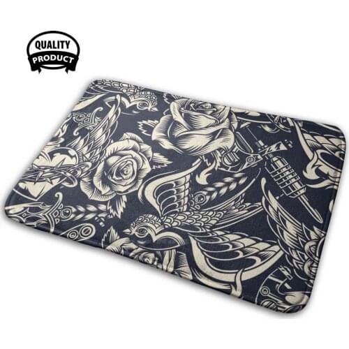 Amazing Tattoo Monochrome Pattern Comfortable Door Mat Rug Carpet Cushion Fiery Heart Heart Rose Roses Love Romantic Romance