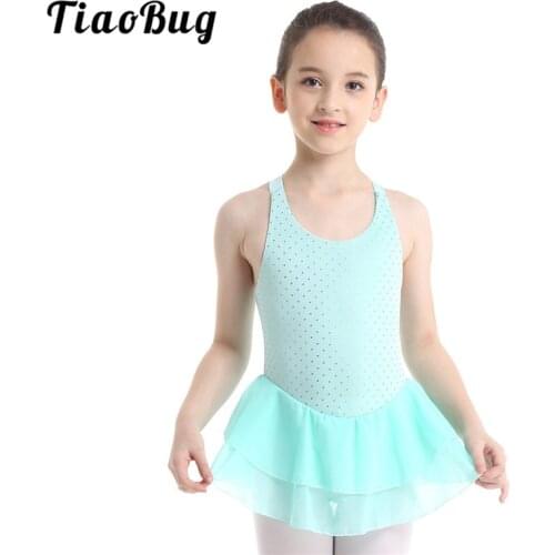 TiaoBug Kids Girls Sleeveless Figure Skating Ruffled Tutu Dress Shiny Ballet Gymnastics Leotard Children Stage Dance Costume