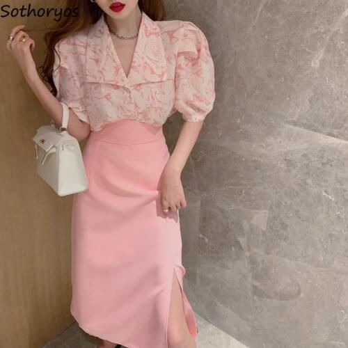 Women Sets Tie Dye Shirts Puff Sleeve Mid-calf Skirts Side-slit High Waist Slim Hot Elegant Temperament Streetwear Sweet Retro