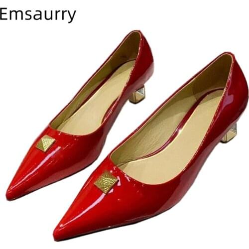 Big Rivet Strange Heel Women Pumps Spring Autumn Slip-on Runway Shoes Patent Leather Pointed Toe Zapatos Mujer