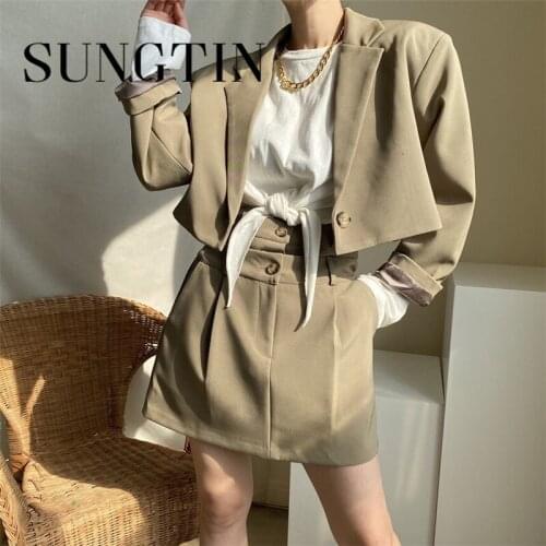 Sungtin Women Cropped Blazer Suit Skirt 2 Set Office Lady Female Elagant Mini Skirt and Tops Set OL Work Suit Korean Fashion New