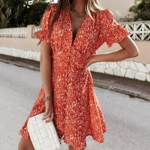 Boho V Neck Print Dress Women 2021 Summer New Sexy Single Breasted Puff Sleeve Button Dress Female Casual Holiday Party Vestidos