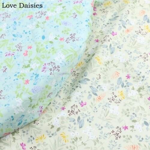 100% Cotton Twill AQUA BEIGE Pastoral Small White Purple Flower Leave Fabric Kids Bedding Sheet Decor Girl Apparel Dress Craft