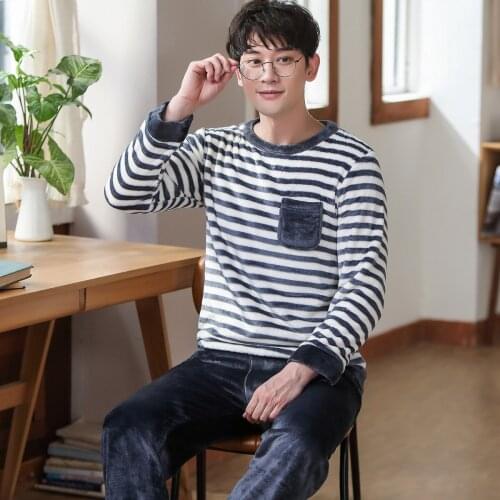 2020 Winter Pijama Thicken Warm Soft Flannel Pajamas Set for Men Long Sleeve Striped Sleepwear Suit Pyjama Homewear Home Clothes