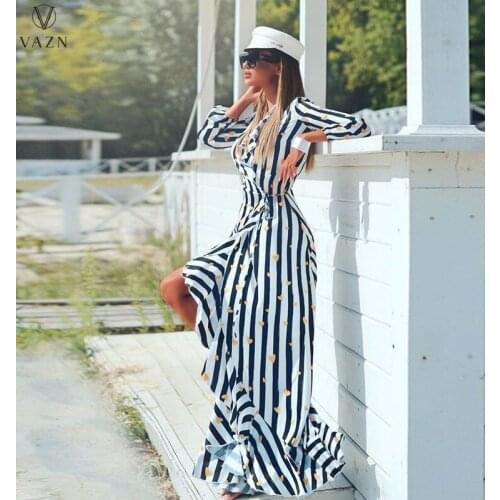 VAZN 2021 Autumn Classic Striped Mermaid Chiffon Long Dress Holiday Sexy Young Full Sleeve High Waist Women Maxi Dress