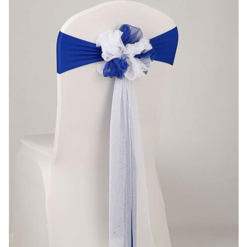 25pcs/lot Europe Wedding Decoration White/Royal Blue Muslin Chair Sashes Stretch Lycra Chair Band For Hotel Banquet Party Decor