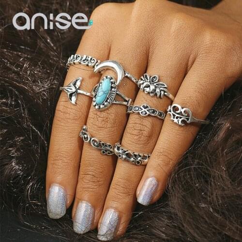 Anise 9pcs/Set Bohemian Moon Ring Set For Woman Vintage Ethnic Totem Elephant Antique Silver Color Knuckle Rings Girl Jewelry