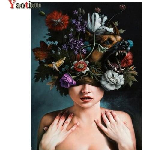 Yaotian 5D DIYDiamond Embroidery Woman Flowers Head Dog Cross Stitch Kit 5D DIY Diamond Painting Handicraft Mosaic Painting