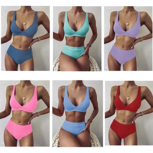 High Waist Bikinis 2021 Mujer Sexy Ribbed Women Swimsuit V Neck Female Sport Bathing Suit Solid Striped Biquini Swimwear Bather