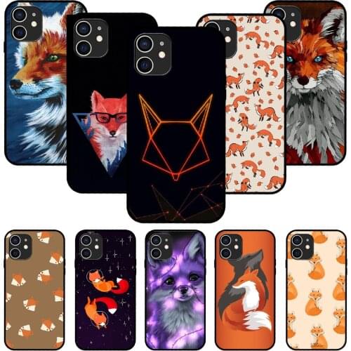 For iPhone 11 12 8 Plus Mini Pro X XR XS Max 4 5 7 6 6S 8 SE Phone Case Black Cover Hoesjes Fashion Coque Tpu Cute Animal Fox