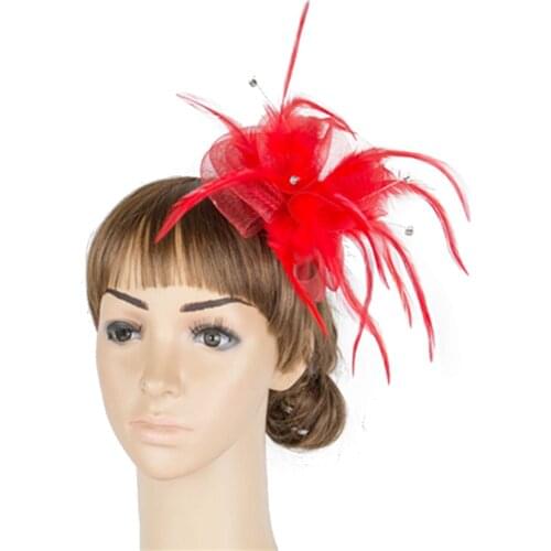 Bride Elegant Wedding Tulle Red Fasciantor Hat Hair Clip Fancy Feather Flower Headwear With Fancy Mesh Show Hair Accessories