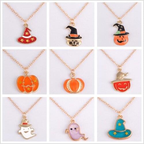 Enamel Halloween bat ghost pumpkin Jack-O-Lantern necklace witch cap wizard hat pendant necklace fashion costume jewellery women