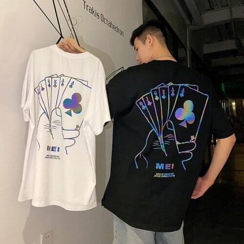 Cool Black Reflective T Shirt Streetwear Japan Harajuku Ppoker Tshirt Summer Tops Mens Clothing Oversized T Shirt Graphic Tees