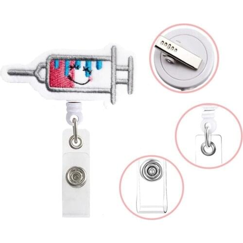 Cute Retractable Nurse Badge Reel Clip Badge Holder Students Doctor Needle Organ Heart Pattern Felt Embroidery ID Card Holder